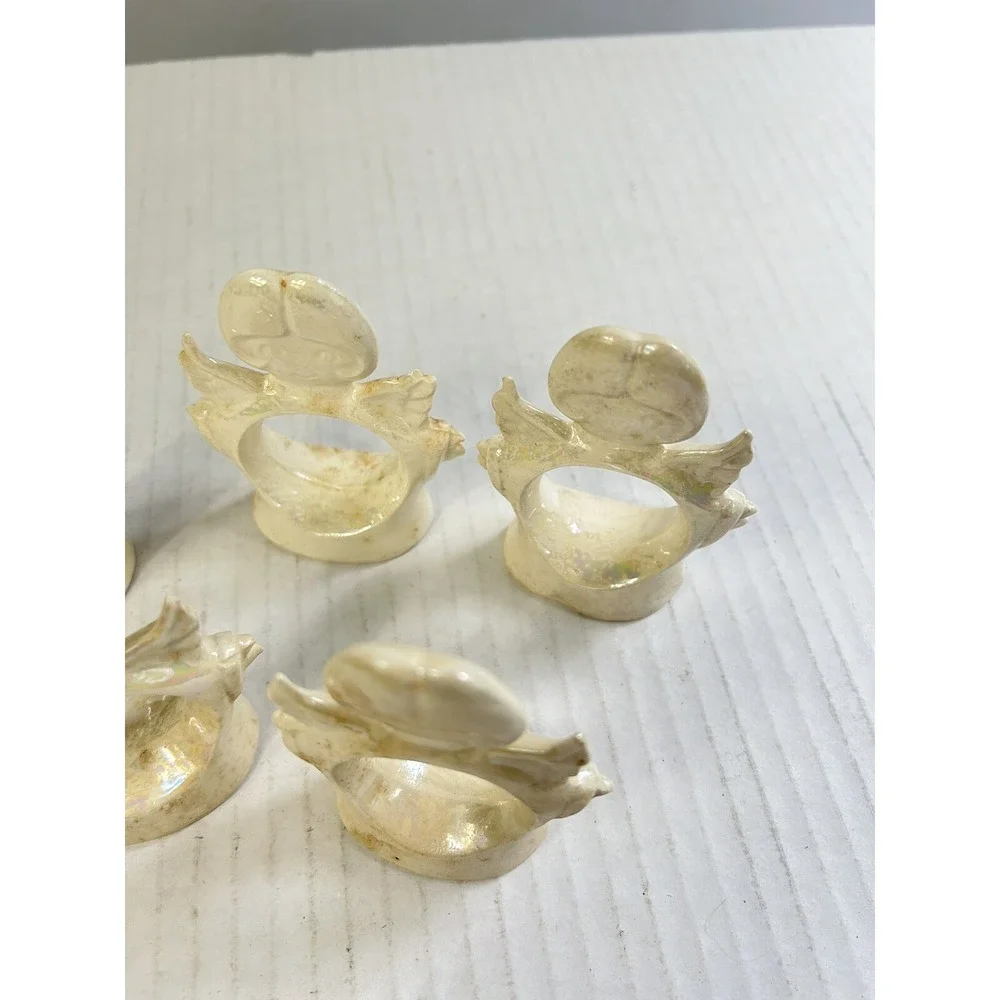 Vintage Iridescent Ceramic Angel Napkin Rings‎ Set of 5 Cream Pearlized Finish